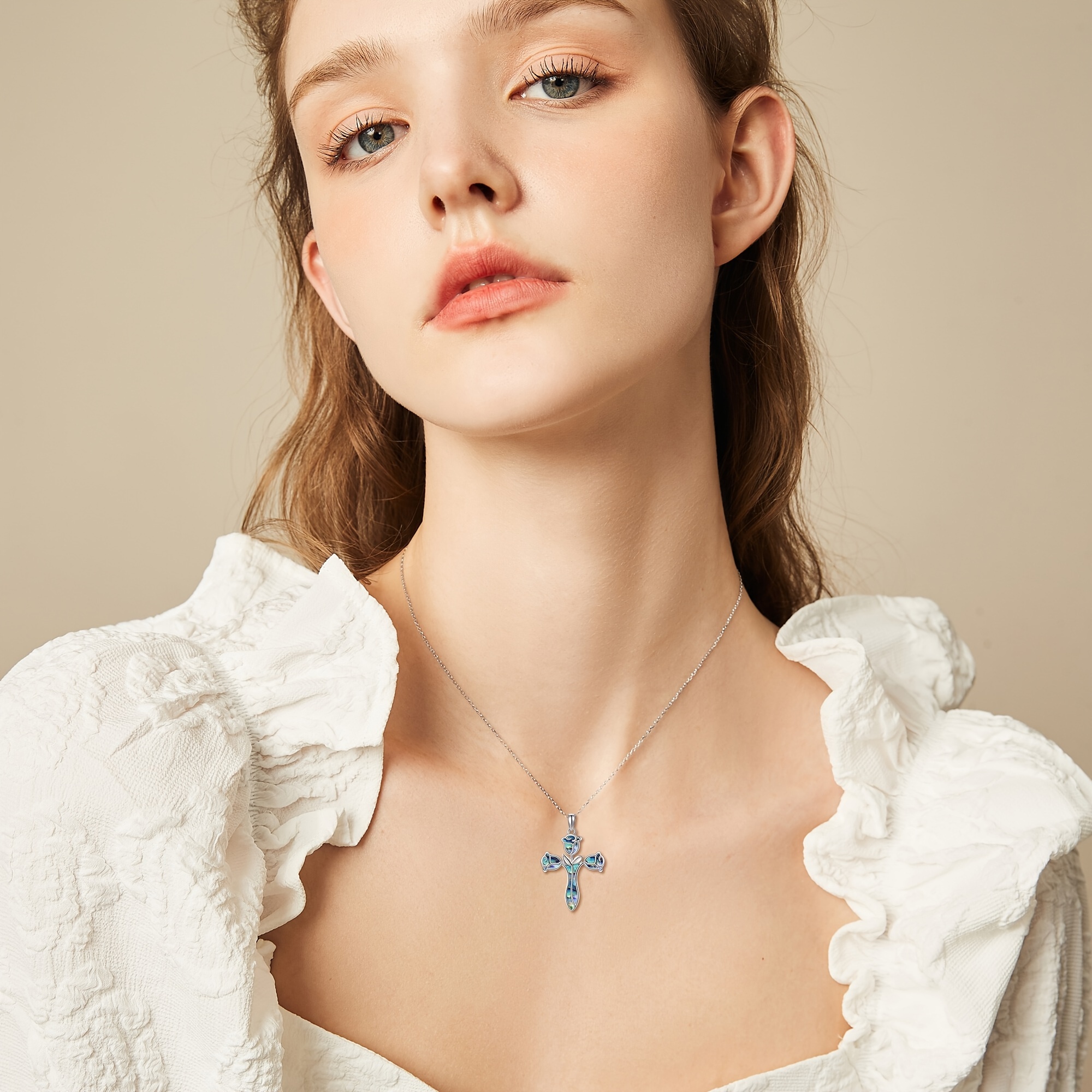 Women's Rose Cross Necklace with Abalone Shell Pendant